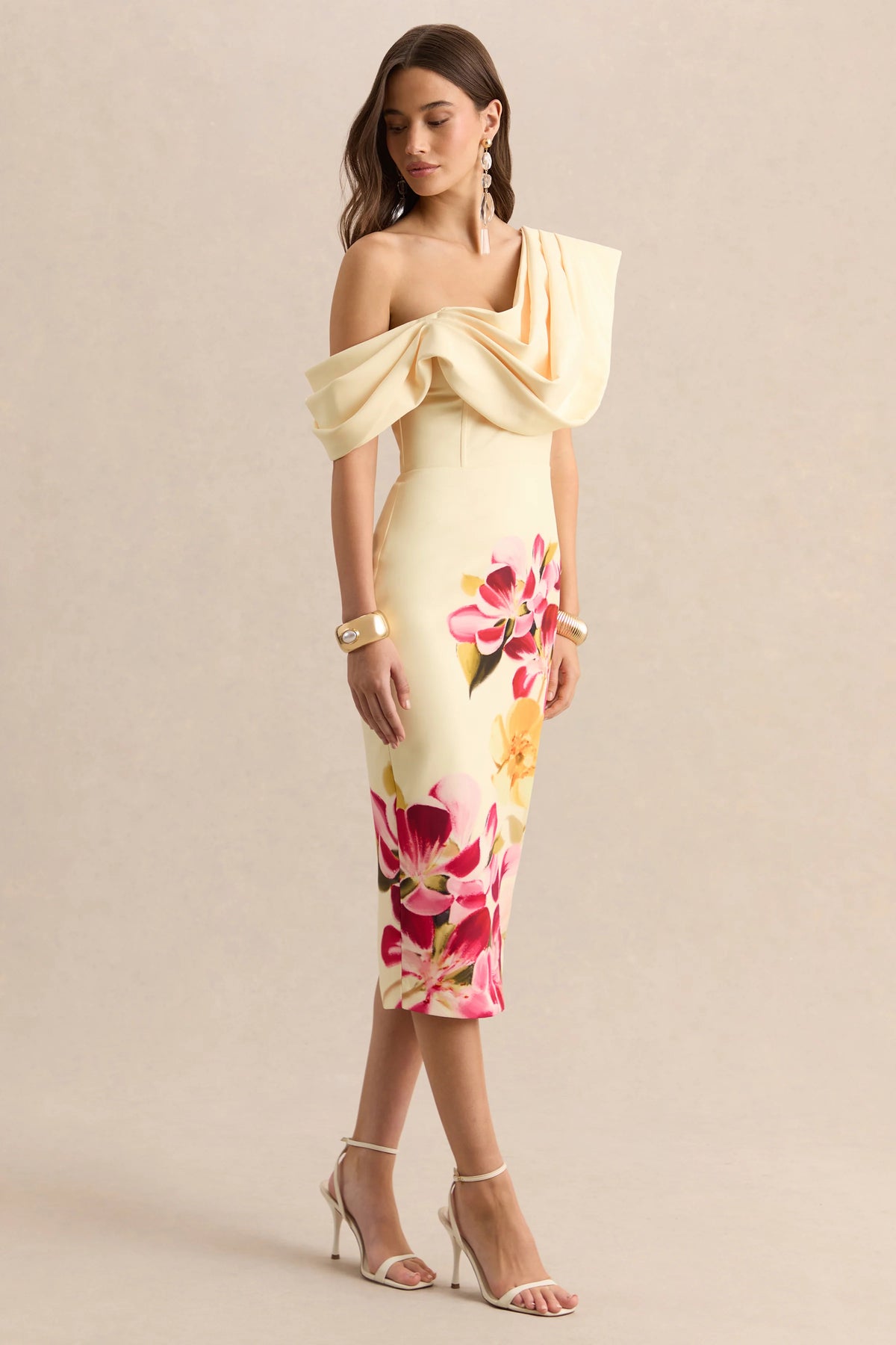 Adrina | Hot Pink & Lemon Floral Print Draped One Shoulder Midi Dress