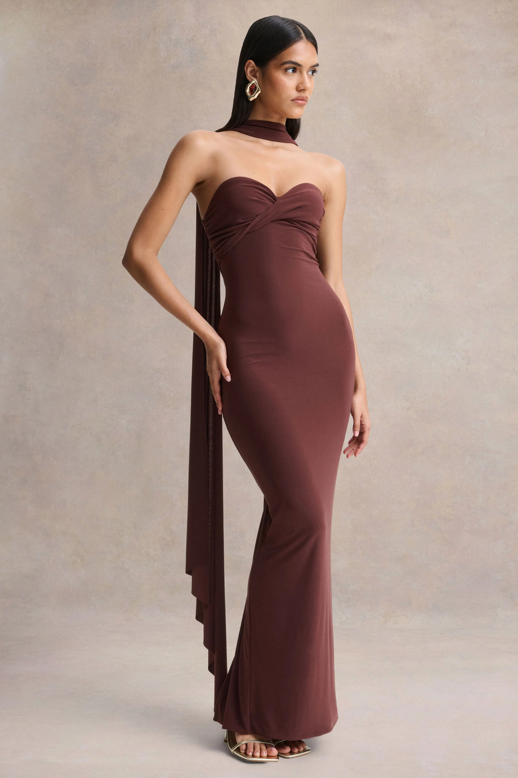 Sheila | Dark Brown Bandeau Maxi Dress With Scarf Detail