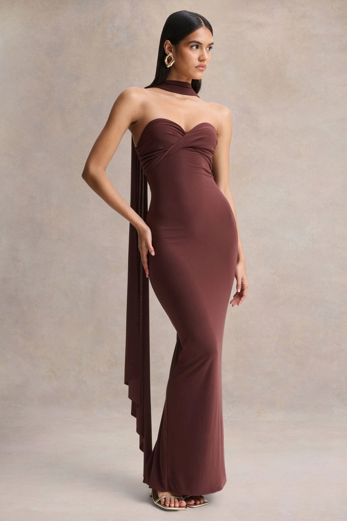 Sheila | Dark Brown Bandeau Maxi Dress With Scarf Detail
