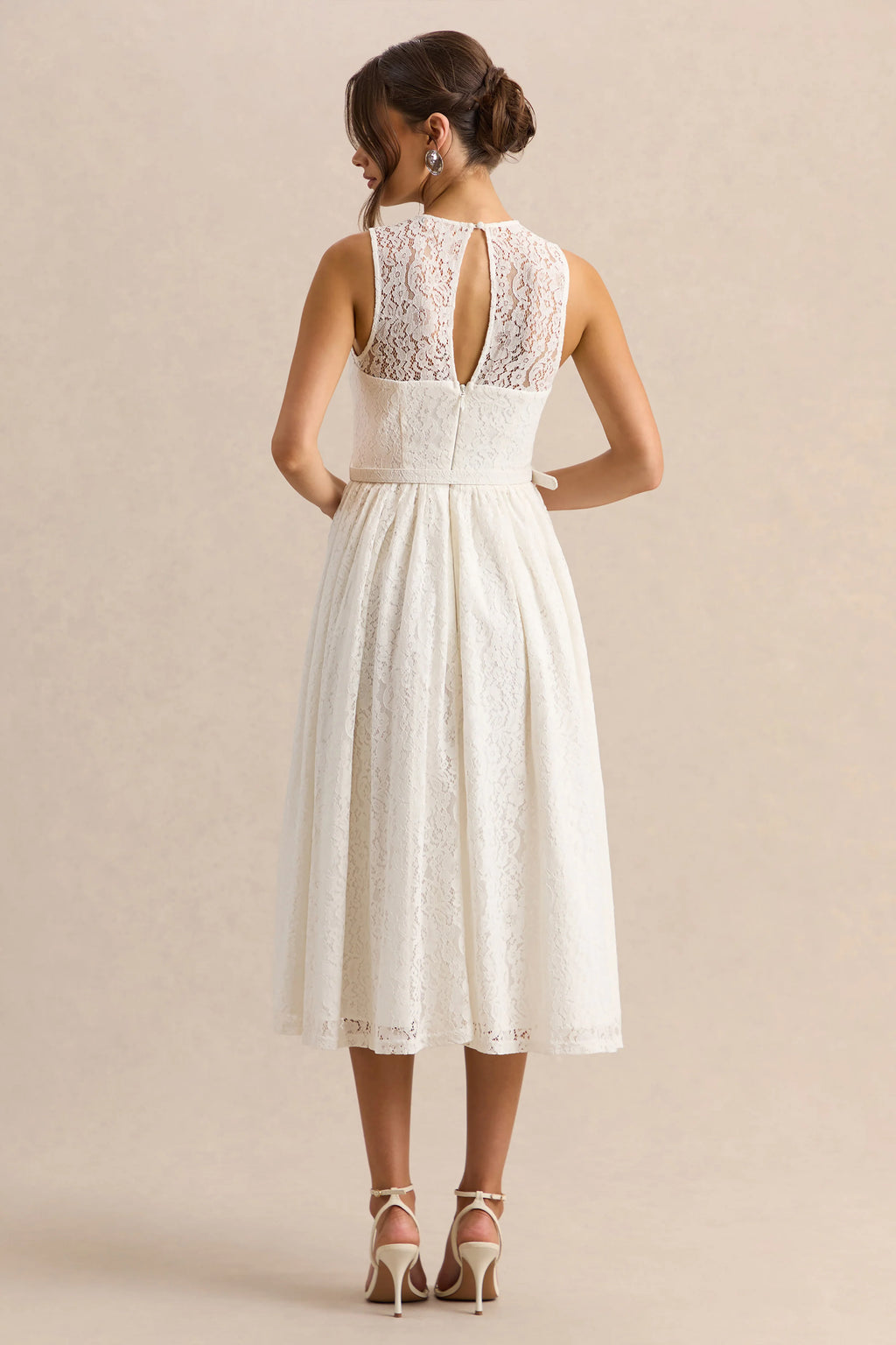 Anabella | White Lace Crew-Neck Belted Midi-Dress