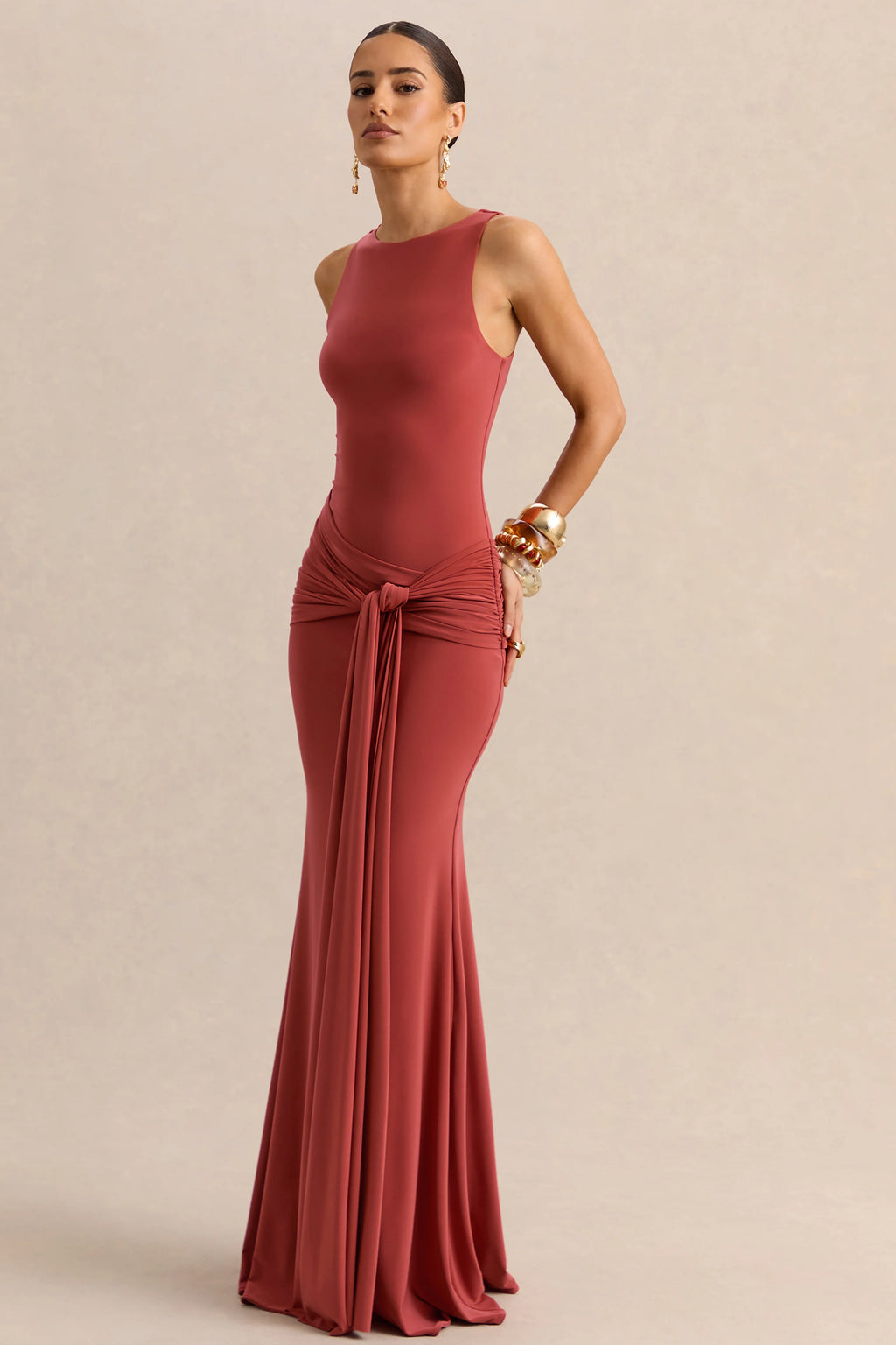 Cherine | Rust Round-Neck Maxi Dress With Gathered-Detailing And Sash