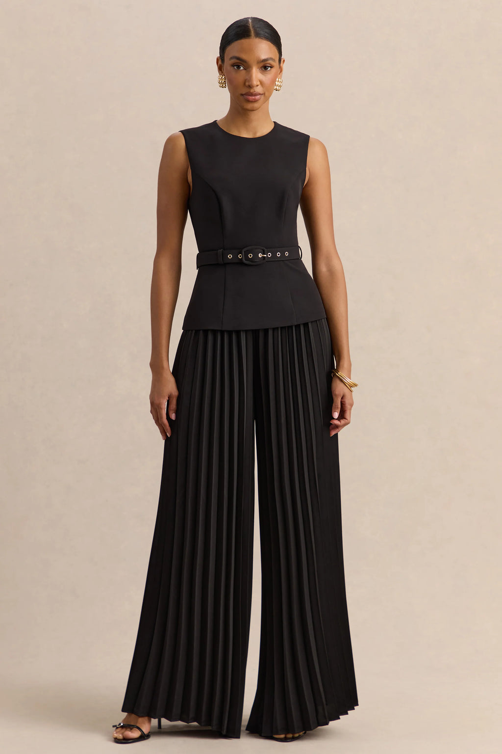 Karienne | Black Round-Neck Top With Belted-Detail