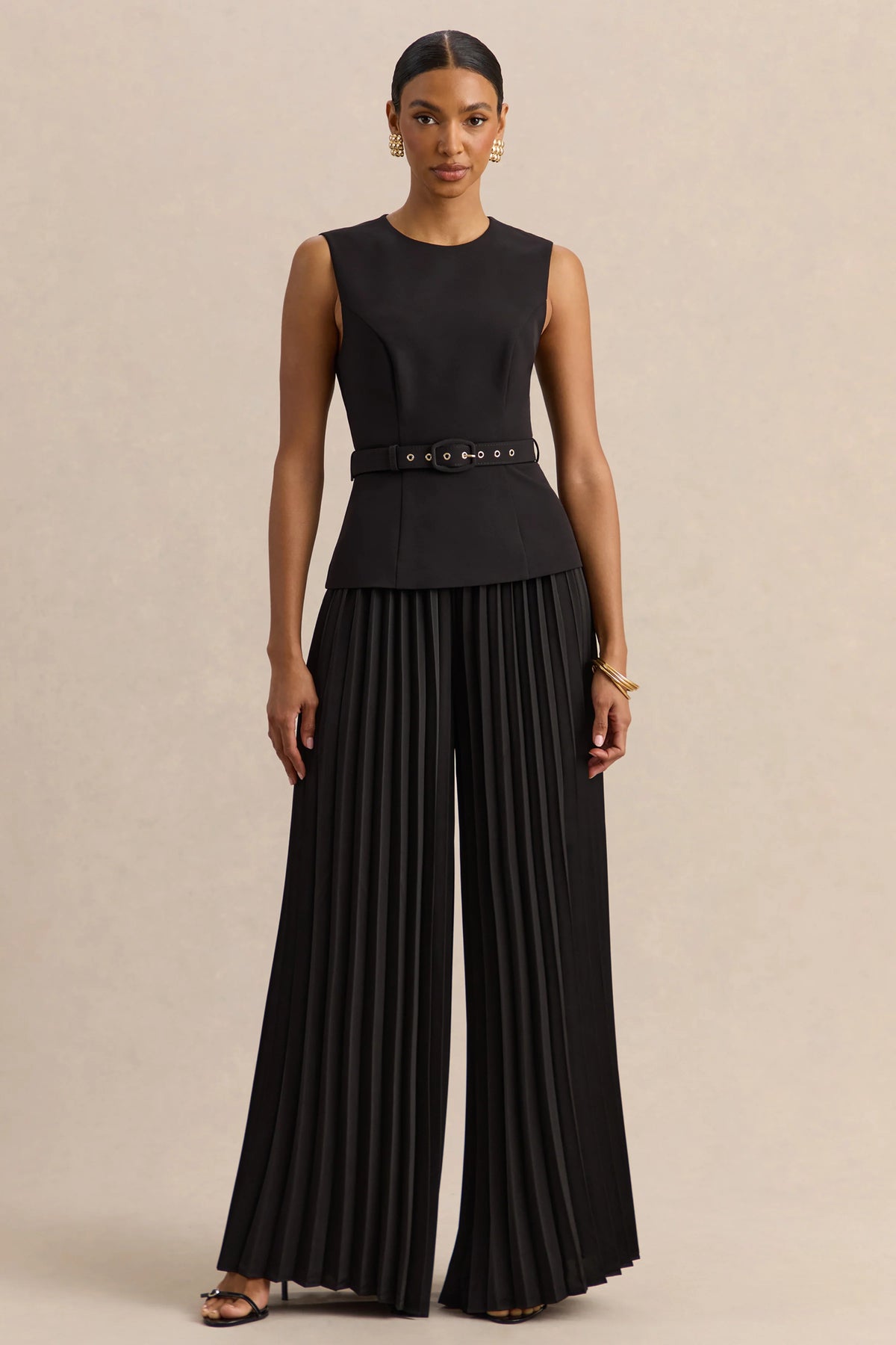 Karienne | Black Round-Neck Top With Belted-Detail