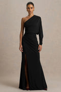 Lola | Black Asymmetric-Neck Maxi Dress With Ruched Detailing And Front High-Split