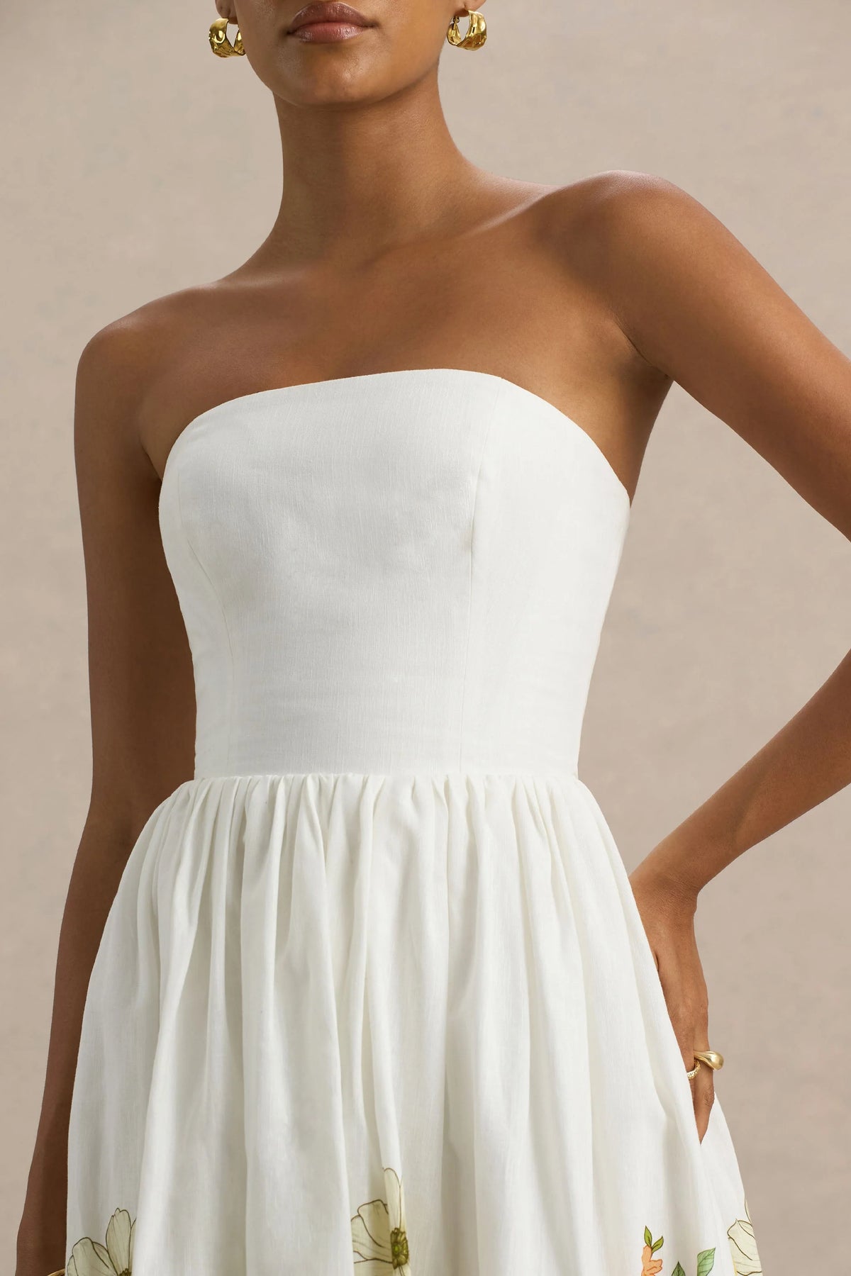 Ivory | Sunflower Print Bandeau High-Low Midi Dress