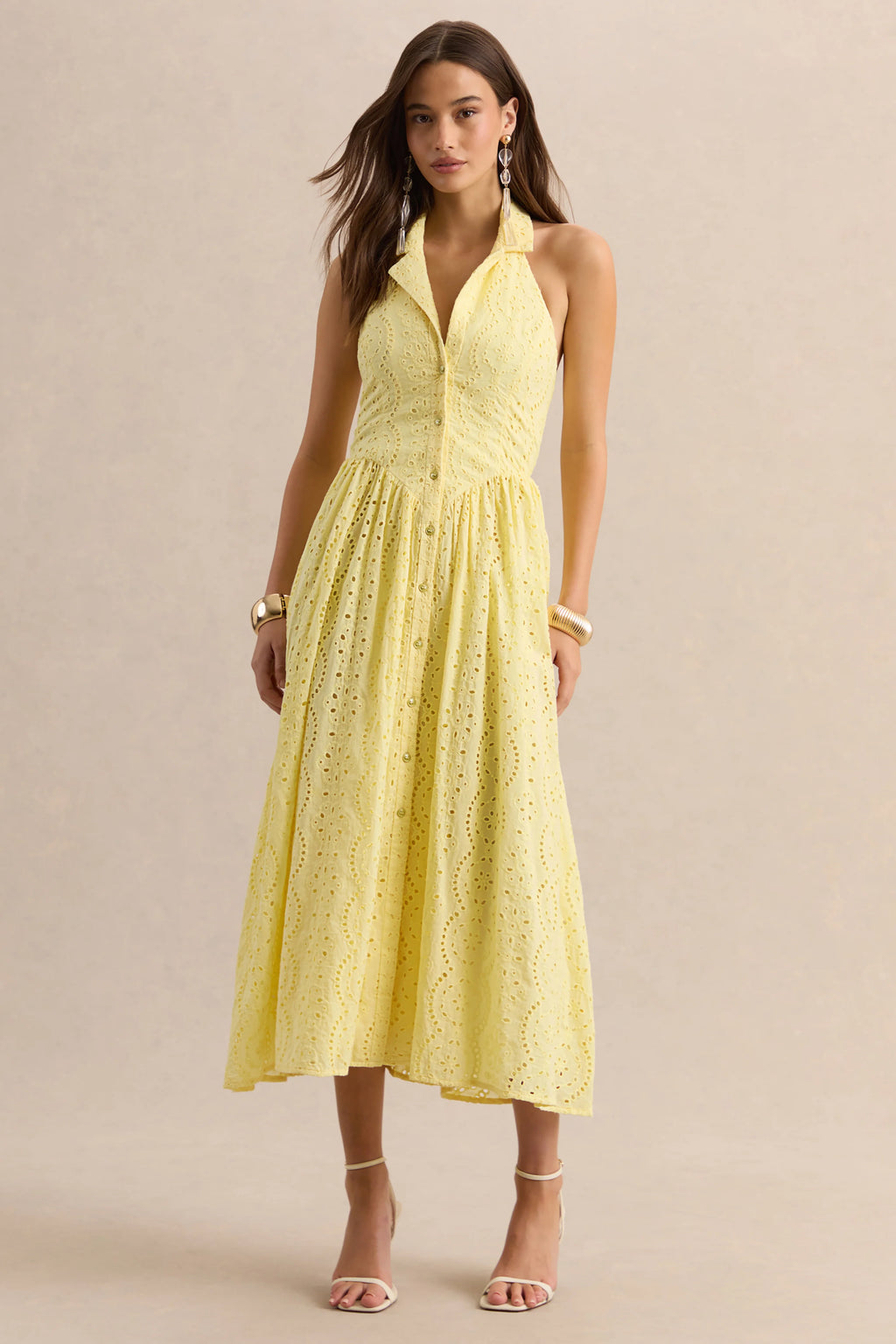 Jezebel | Yellow Lace Plunge-Neck Collared Midi Dress