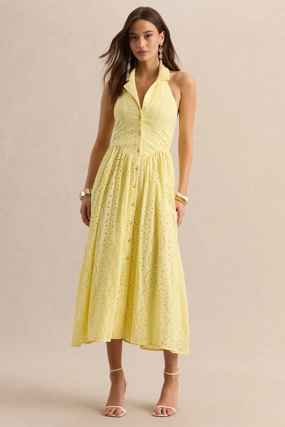 Jezebel | Yellow Lace Plunge-Neck Collared Midi Dress