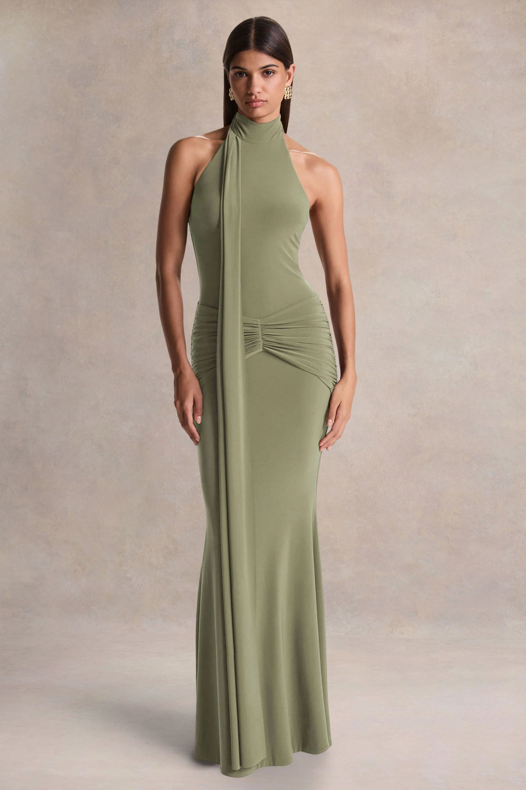 Hyla | Green High-Neck Maxi Dress With Sash-Detail