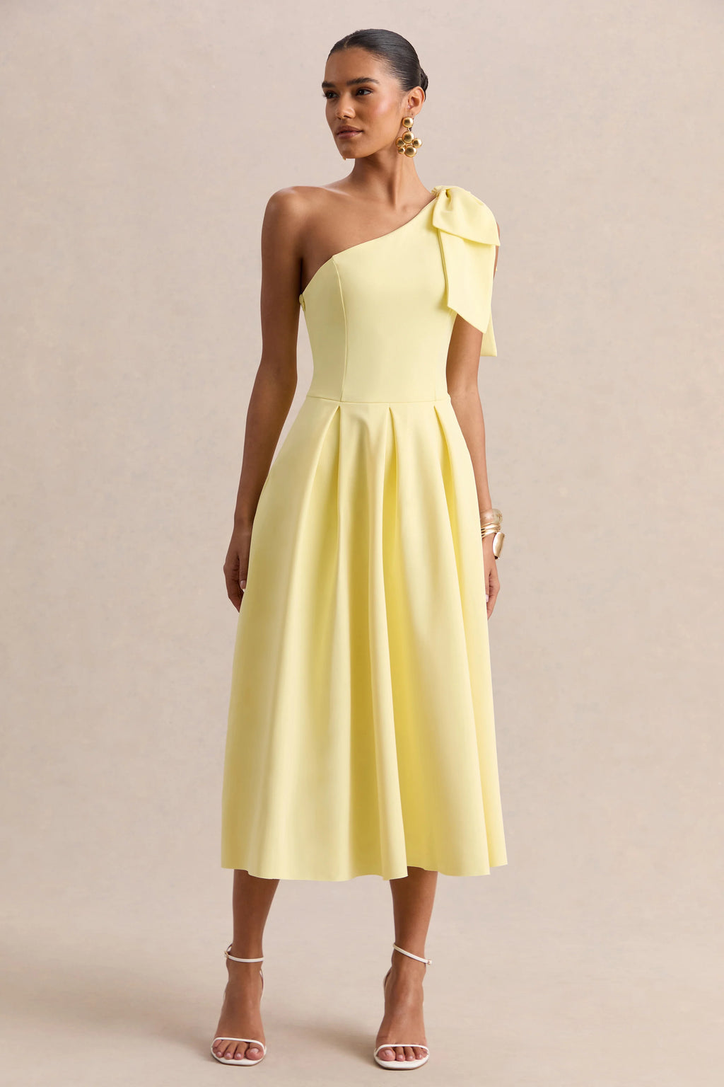 Meria | Lemon Asymmetric-Neck Midi Dress With Bow-Sleeve