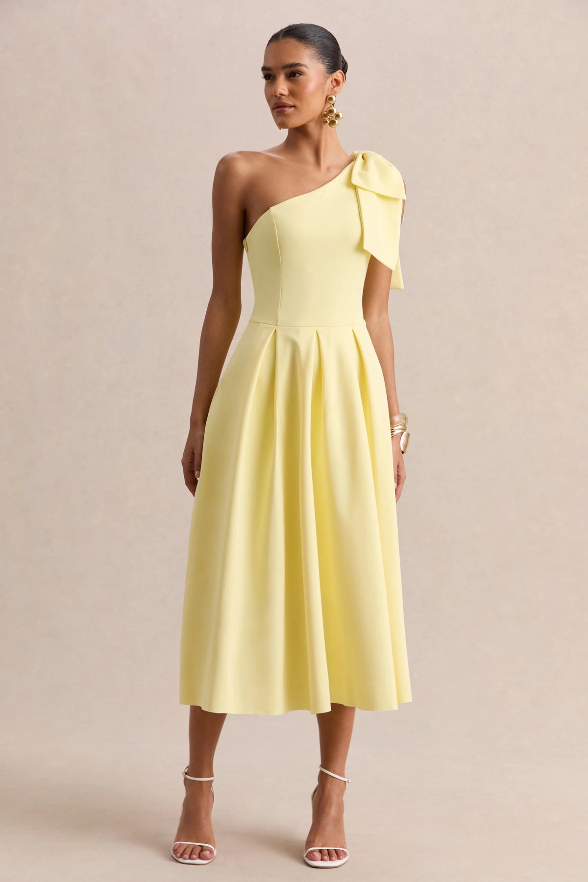 Meria | Lemon Asymmetric-Neck Midi Dress With Bow-Sleeve