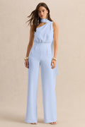 Gliselle | Powder Blue Asymmetric-Neck Jumpsuit With Scarf-Detail