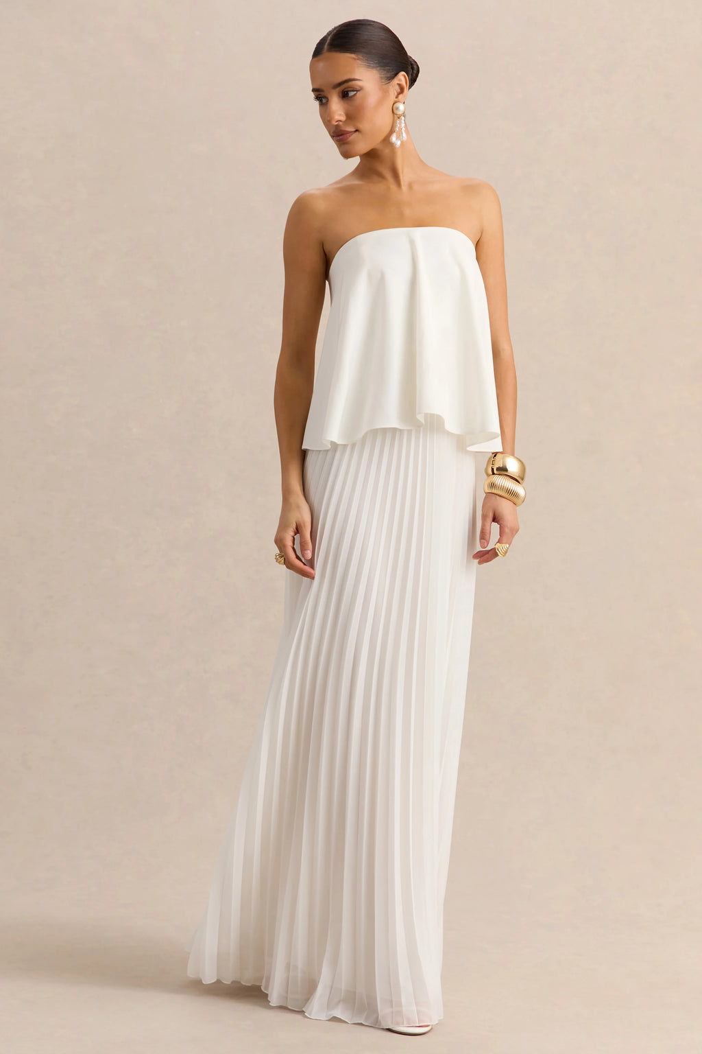 Saralyn | White Bandeau Maxi Dress With Pleated-Skirt