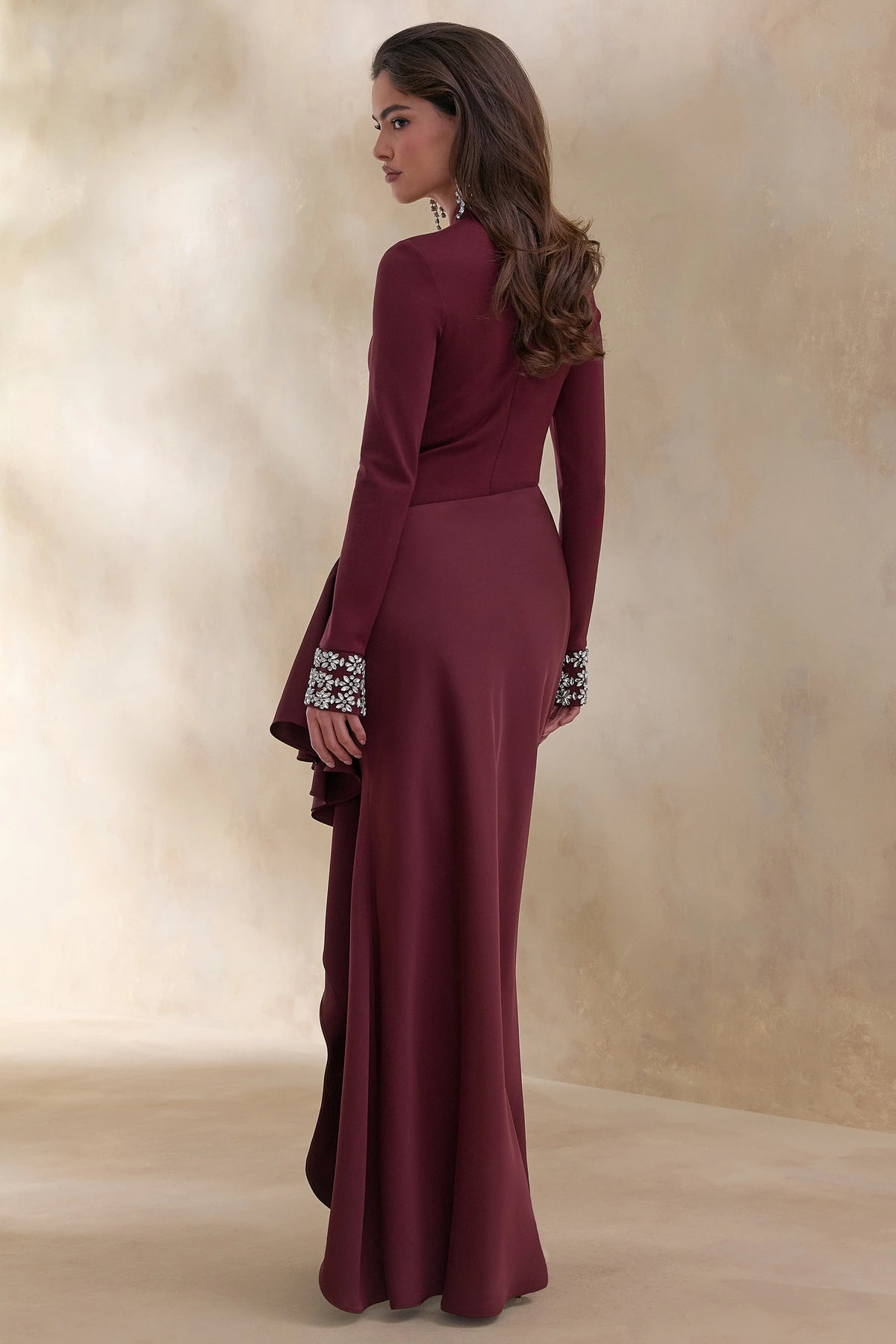 Starred | Burgundy Crew-Neck Maxi Dress With Drop-Waist And Satin Wrap-Skirt