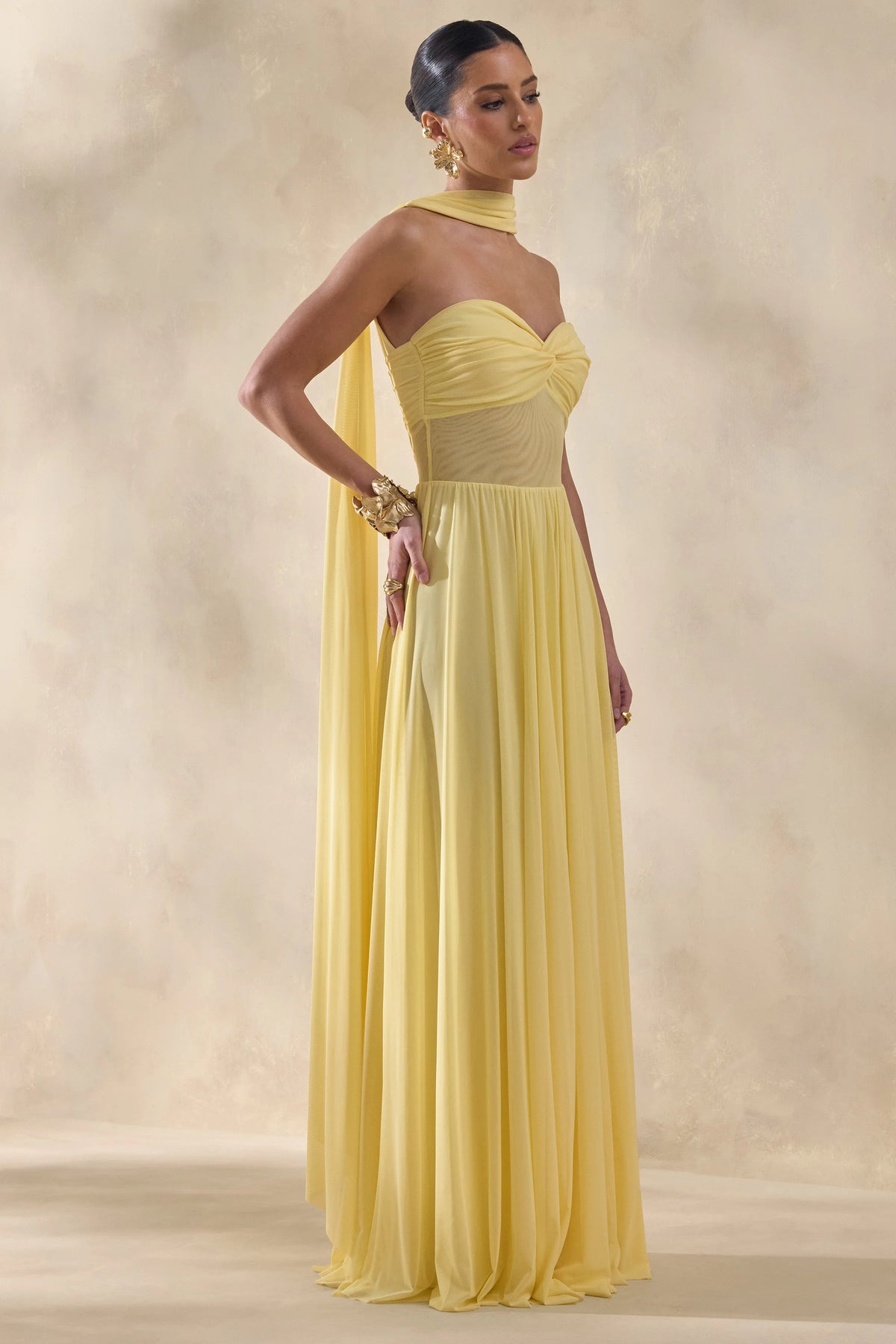 Lyvoria | Lemon Bandeau Maxi Dress With Mesh-Detail And Scarf