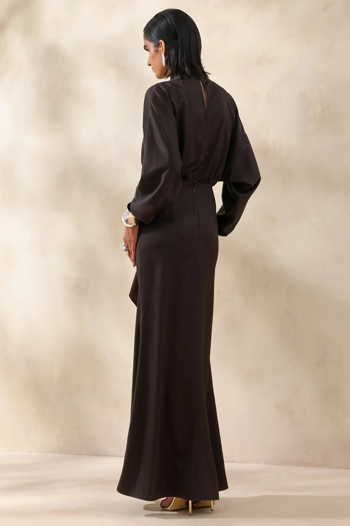 Perla | Dark Brown High-Neck Maxi Dress With Gathered-Detailing