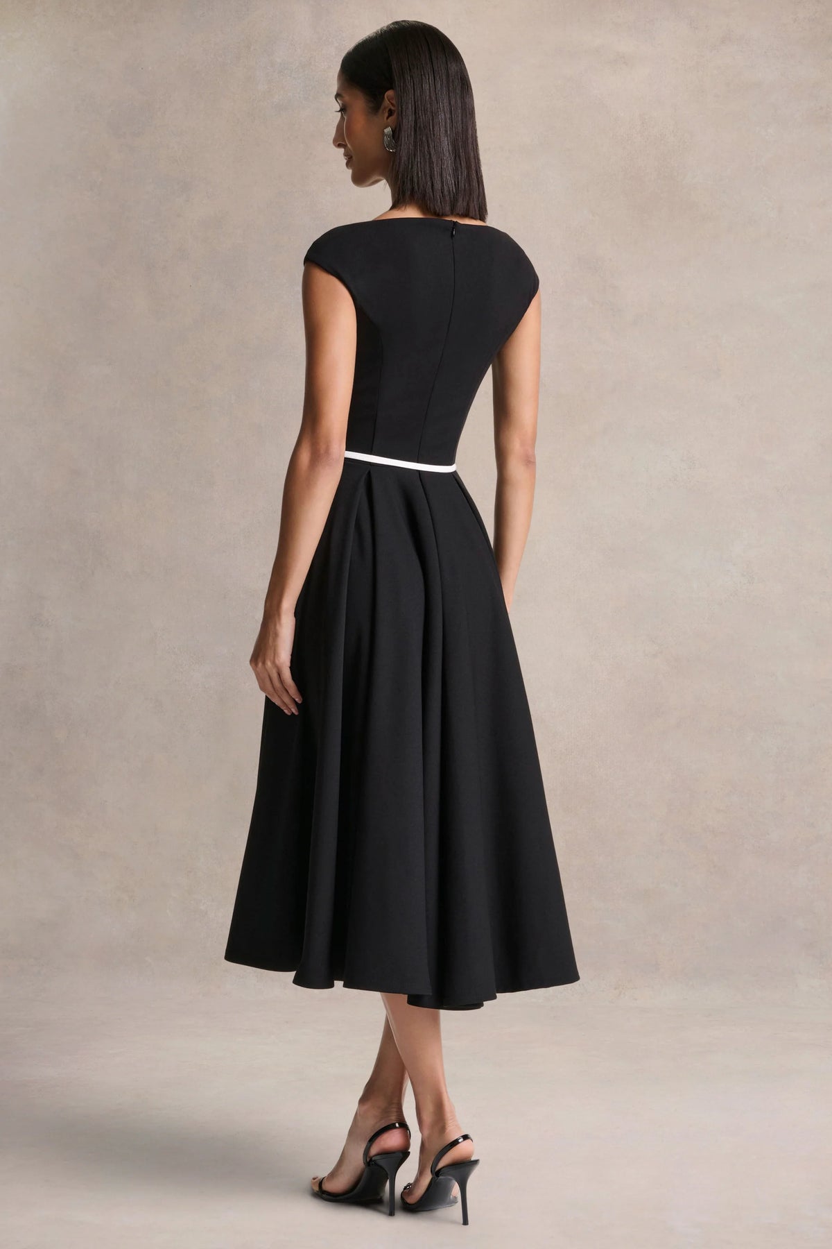 Nataline | Black Round-Neck Midi Dress With White Belt-Detail