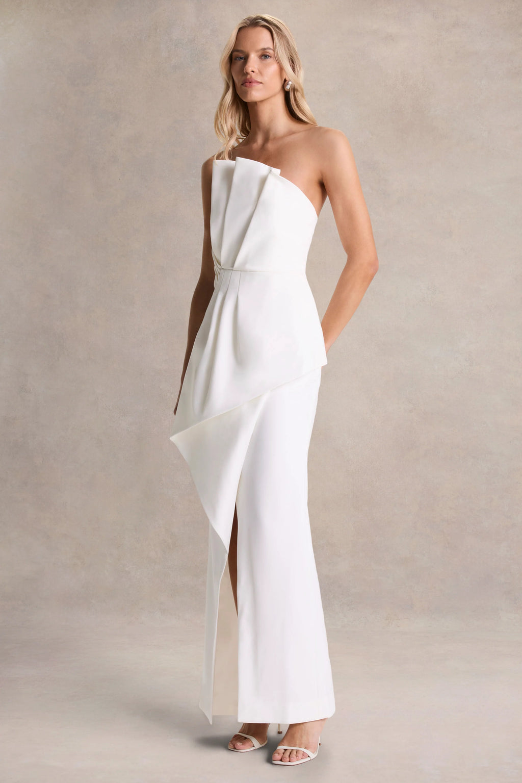 Dreamy Whispers | Cream Strapless Ruffle Split Maxi Dress
