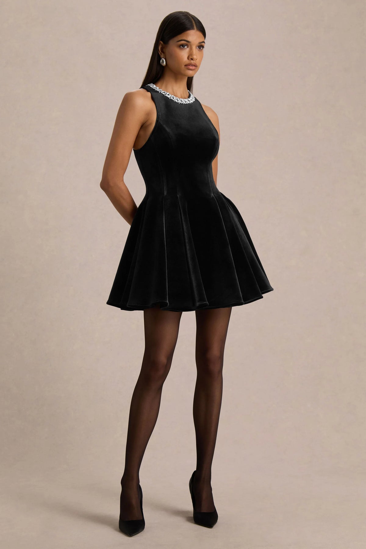 Meva | Black Velvet Hand-Embellished High-Neck Mini Dress