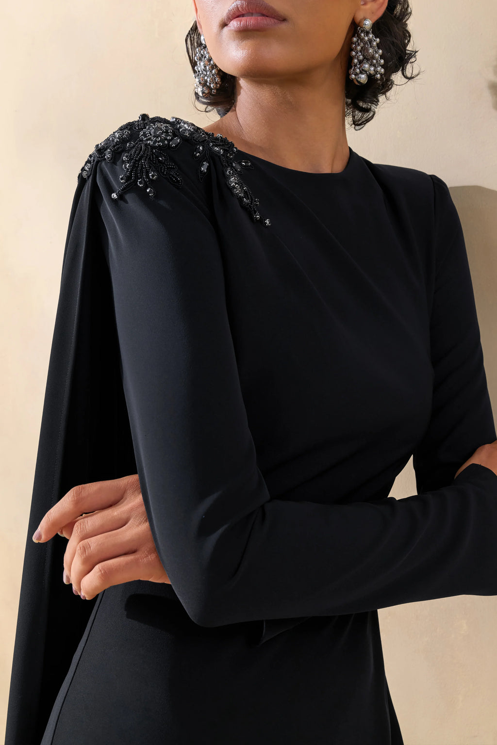Reese | Black High-Neck Maxi Dress With Embellished Detail and Sash