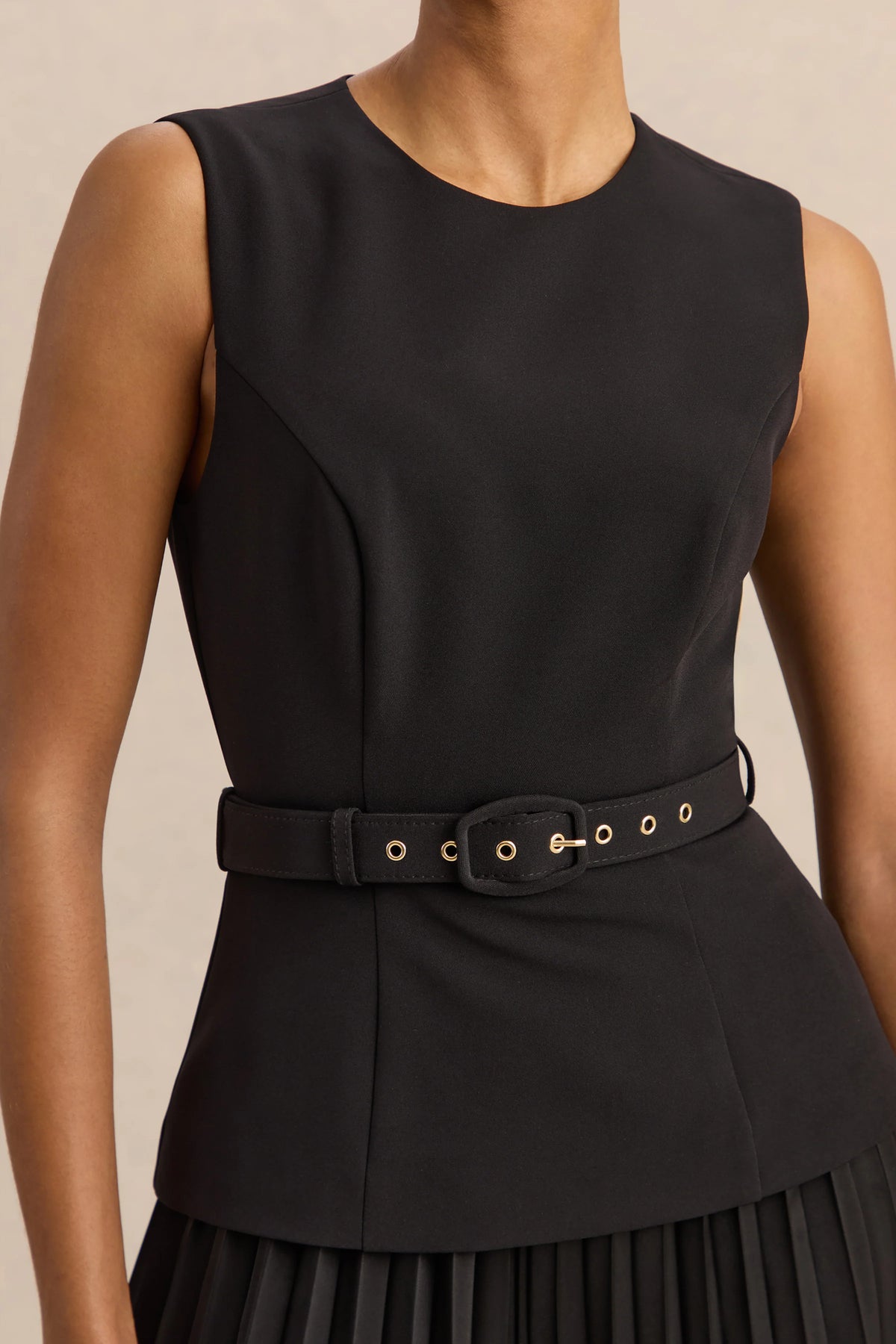 Karienne | Black Round-Neck Top With Belted-Detail