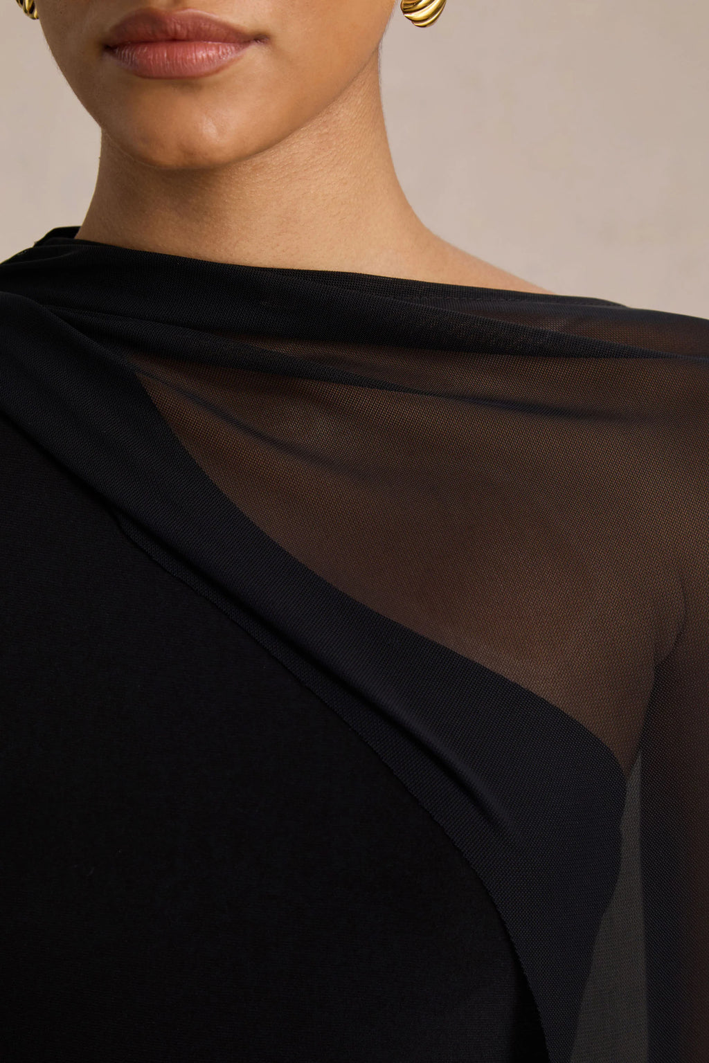 Mirelle | Black Asymmetric-Neck Maxi Dress With Sheer Cape-Sleeve