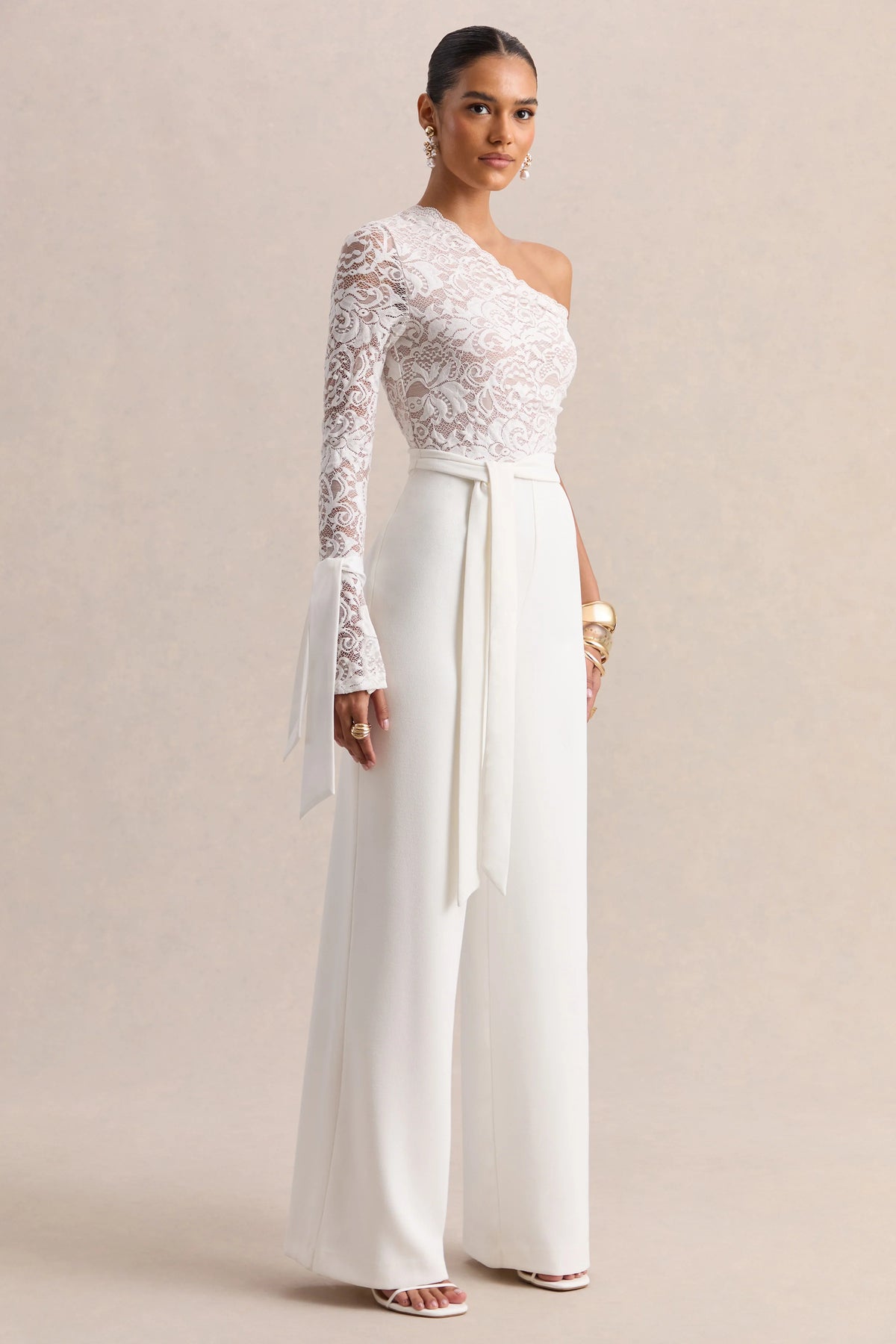 Clarence | White Lace Asymmetric-Neck Jumpsuit With Bow-Details