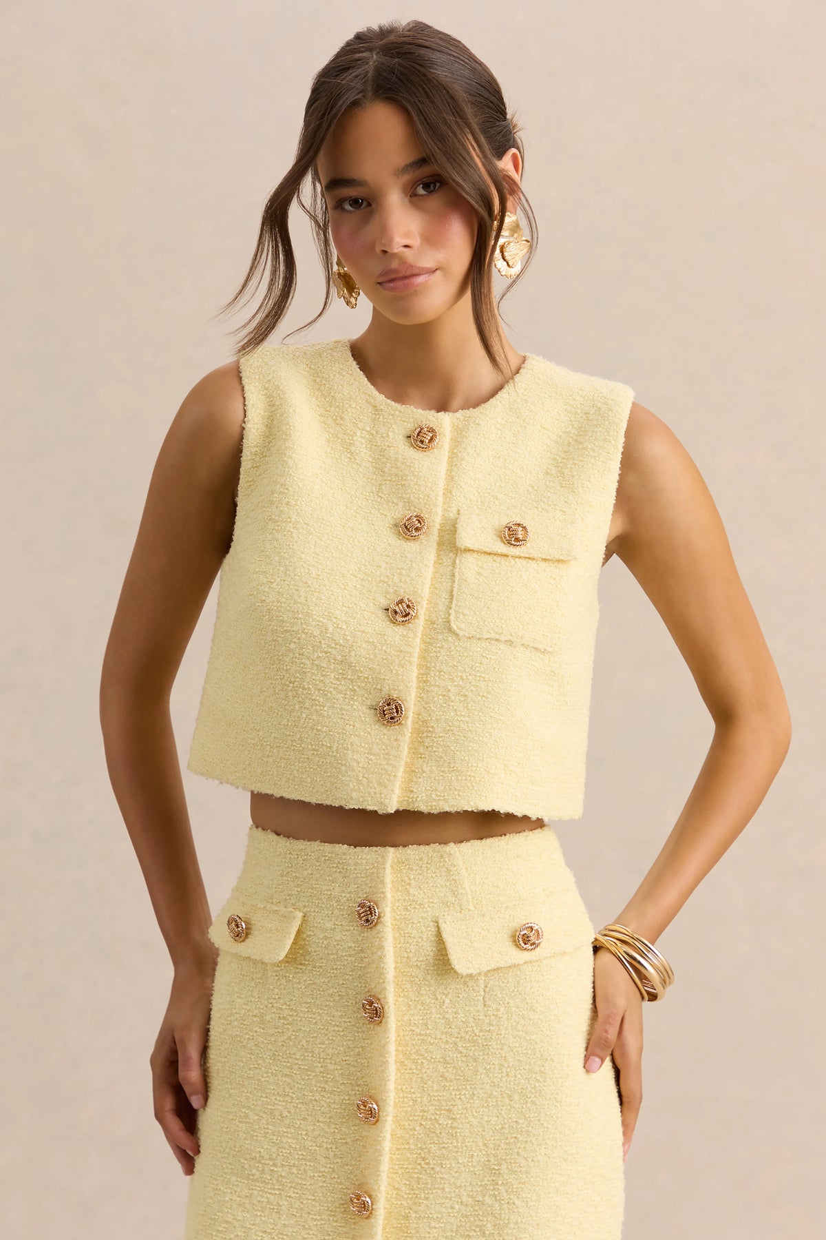 Emara | Lemon Round-Neck Top With Button-Detailing