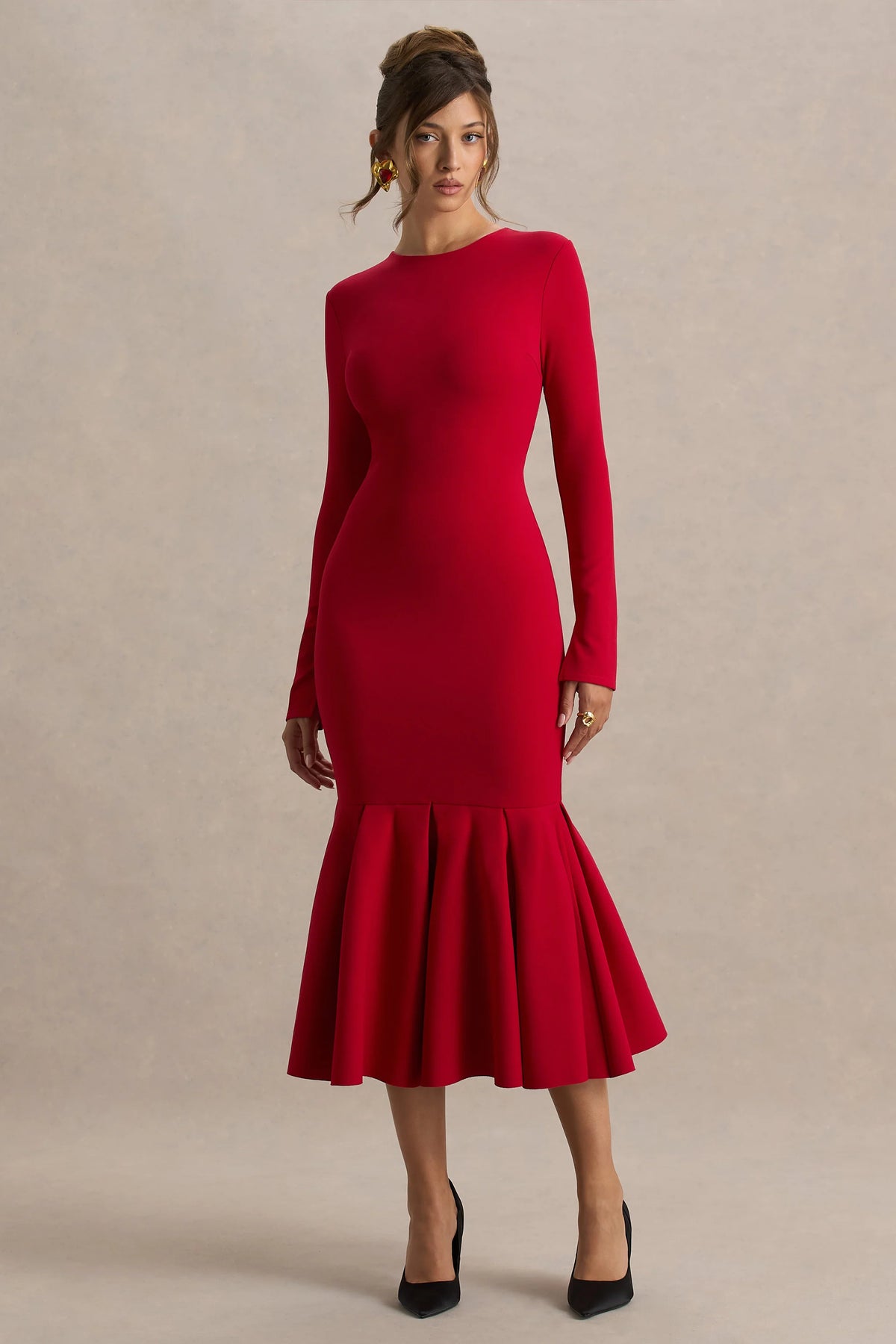 Liberty | Red High Neck Mermaid Midi Dress With Ruffling Detail