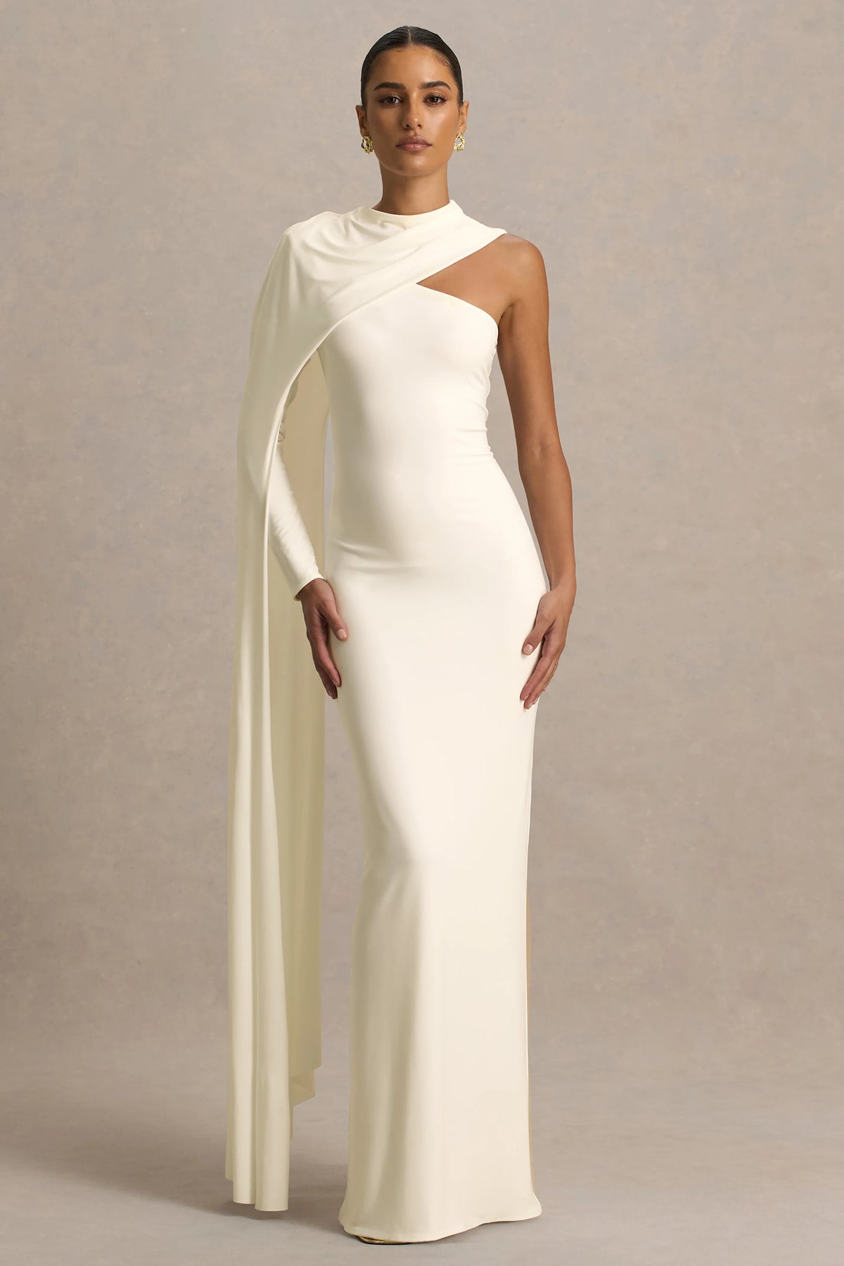 Dawn | Cream High-Neck Maxi Dress With One Long Cape-Sleeve