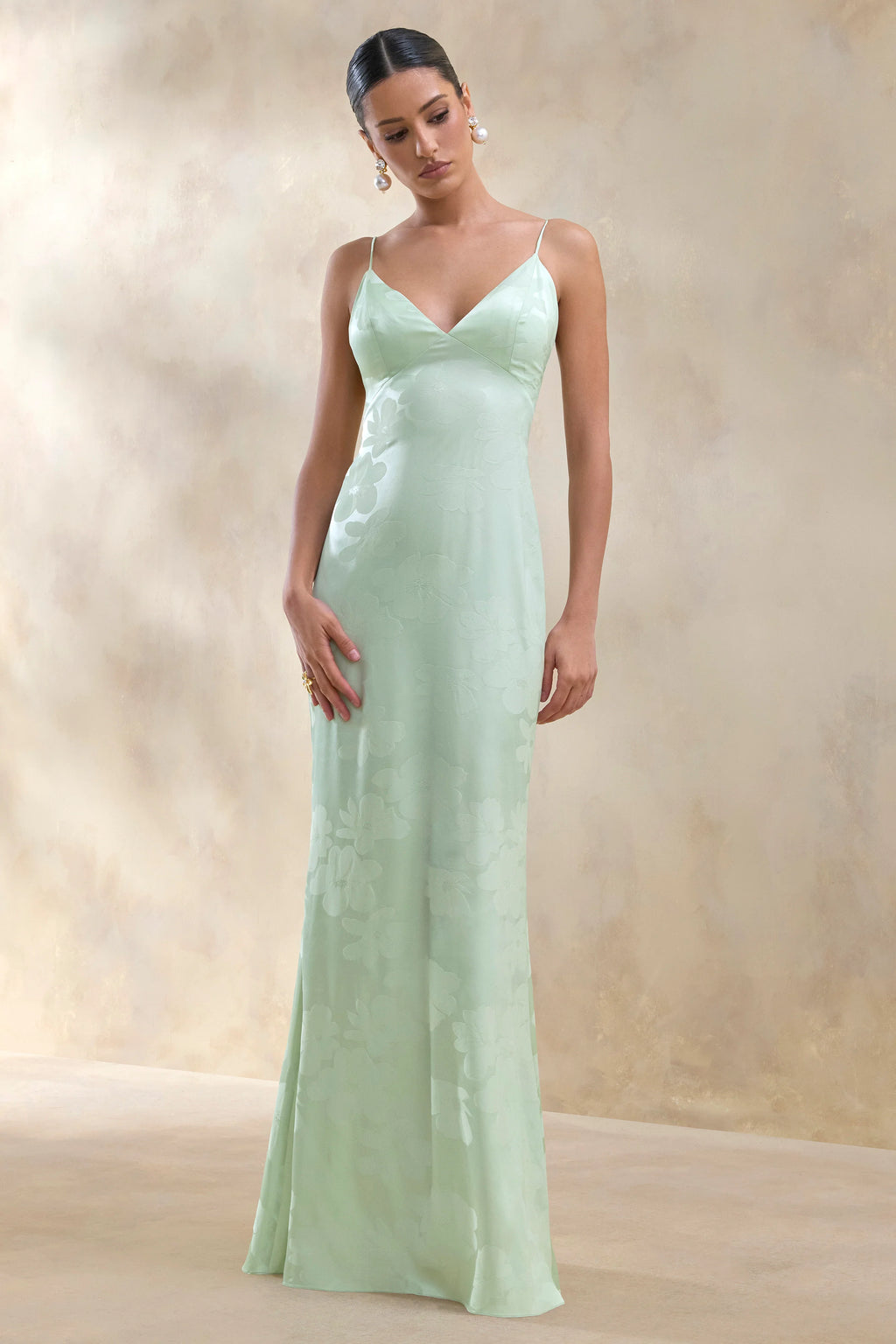 Carelle | Green Satin Plunge-Neck Maxi Dress With Asymmetric Drop-Waist