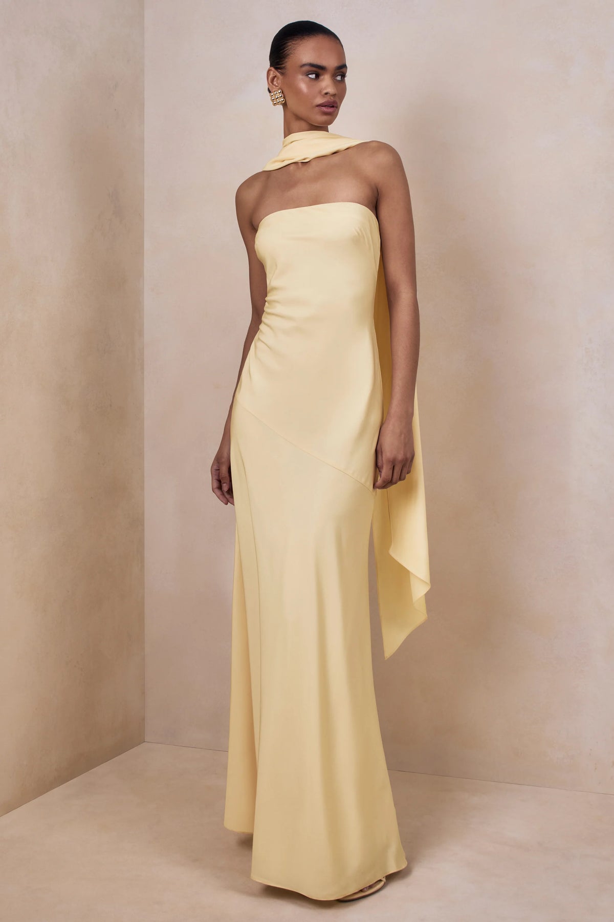 Charly | Lemon Matte Satin Bandeau Maxi Dress With Scarf-Detail