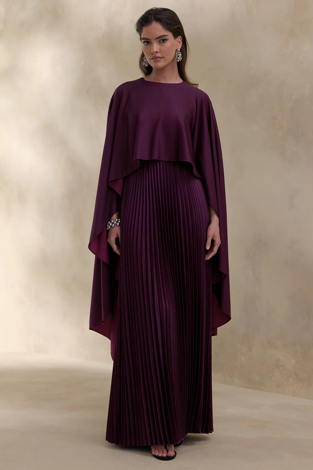 Loradia | Dark Plum Satin Round-Neck Maxi Dress With Cape-Sleeves And Pleated-Skirt
