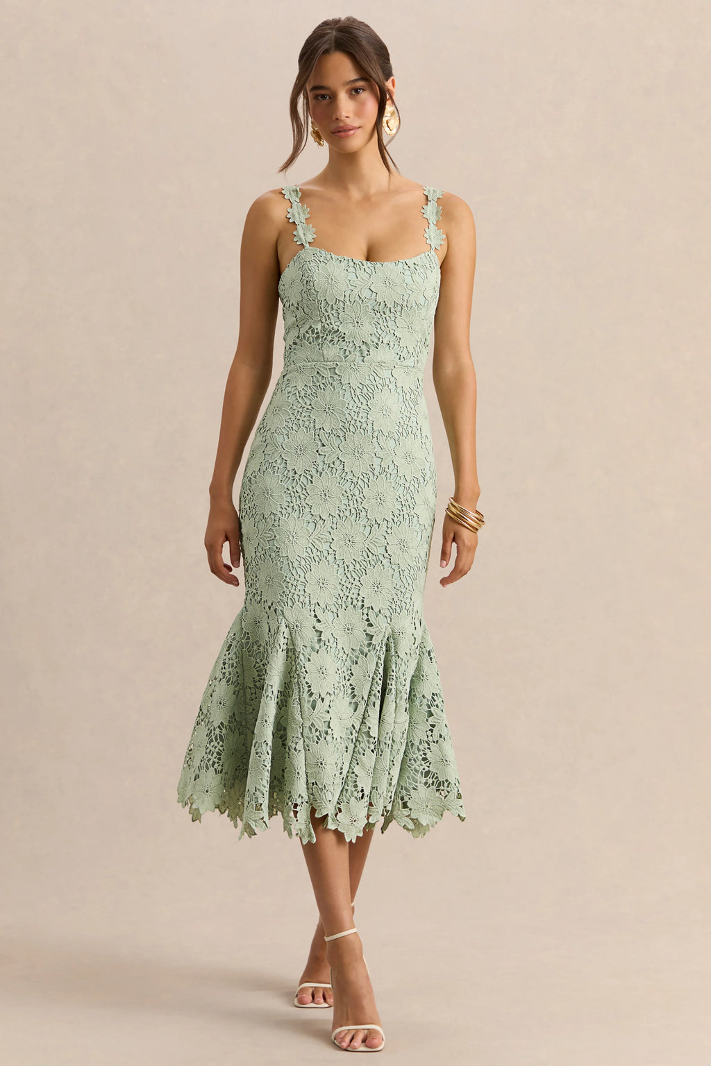 Melia | Sage Lace Scoop-Neck Midi Dress