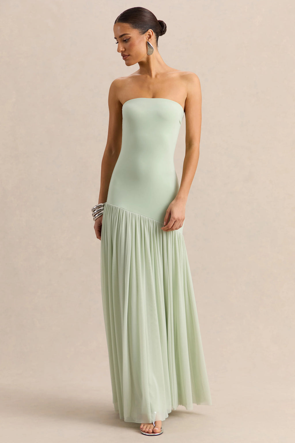 Bambi | Mint Bandeau Maxi Dress With Scarf-Detail