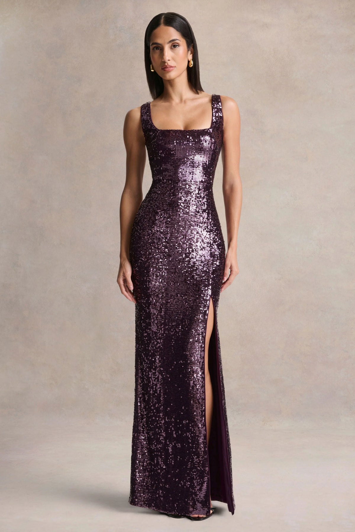 High Life | Plum Sequin Square-Neck Maxi Dress With Front-High Split