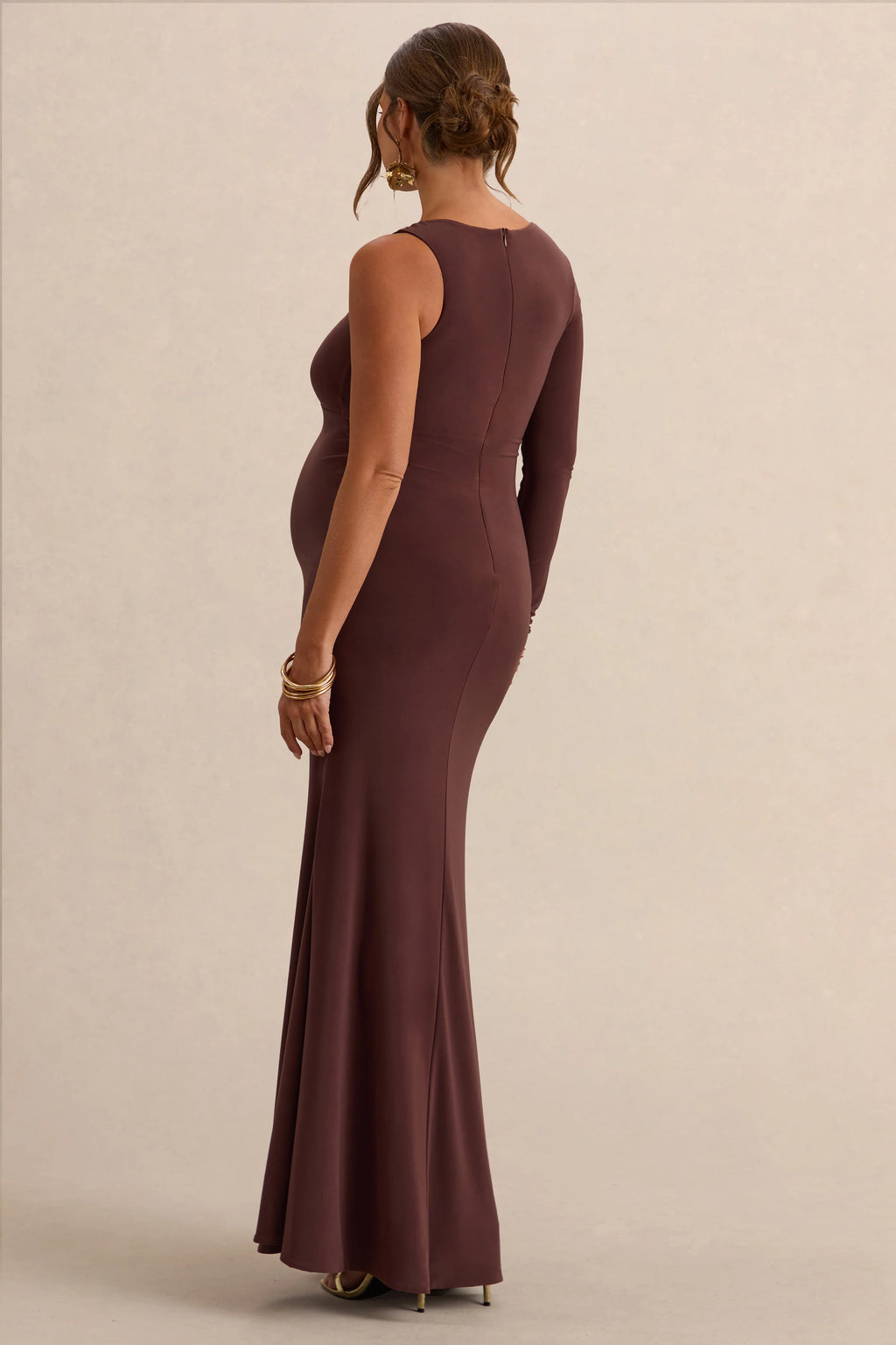 Oh Baby | Brown Maternity One Shoulder Bodycon Maxi Dress