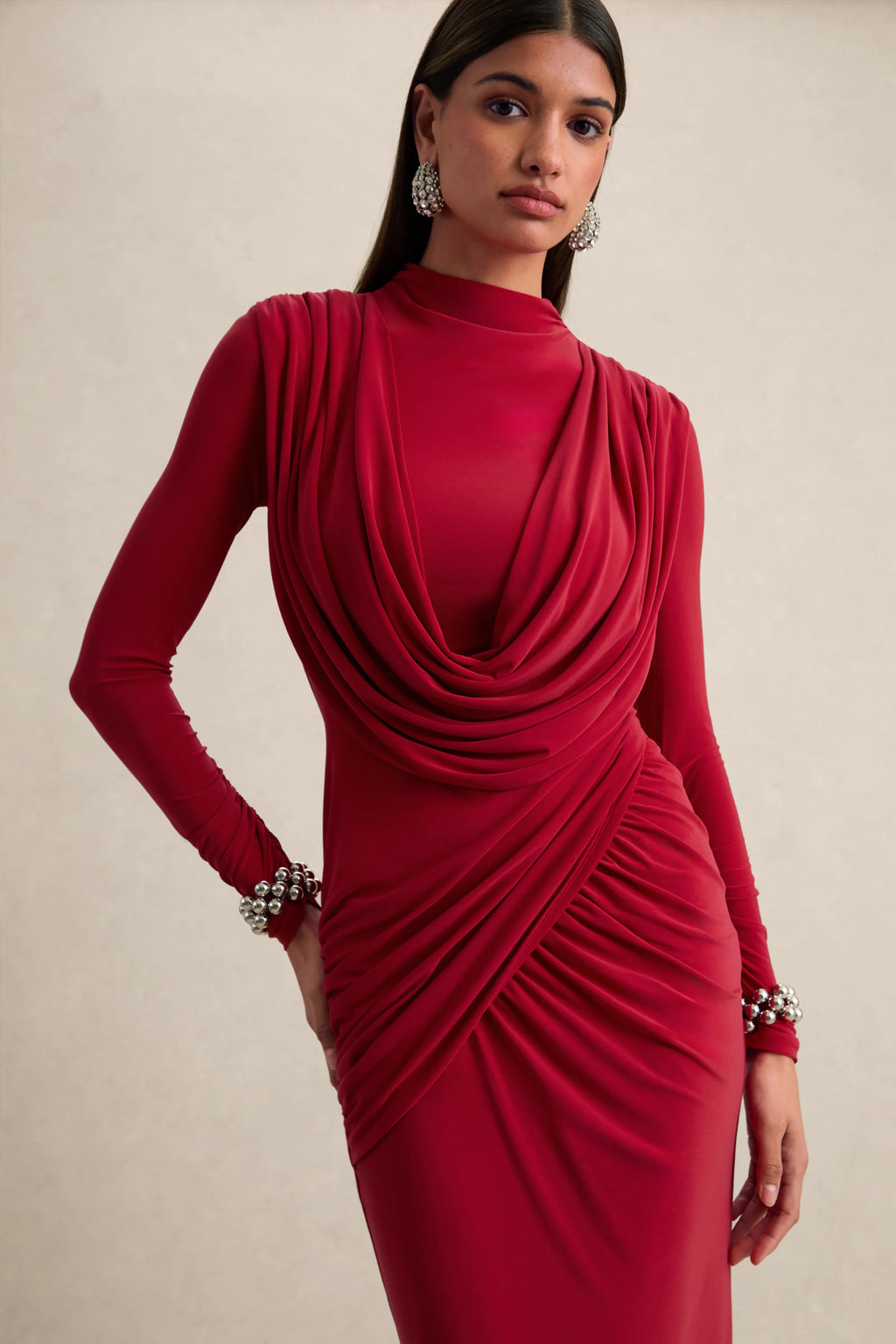 Karinthia | Red High-Neck Maxi Dress With Draped-Detailing