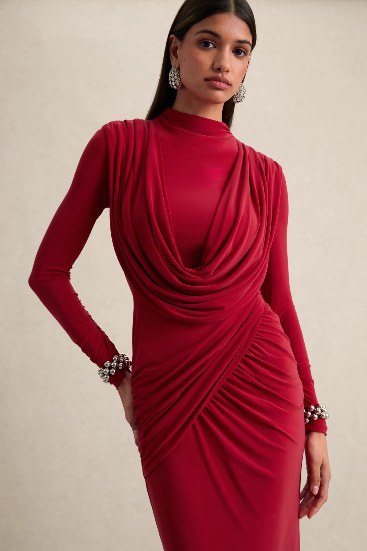 Karinthia | Red High-Neck Maxi Dress With Draped-Detailing
