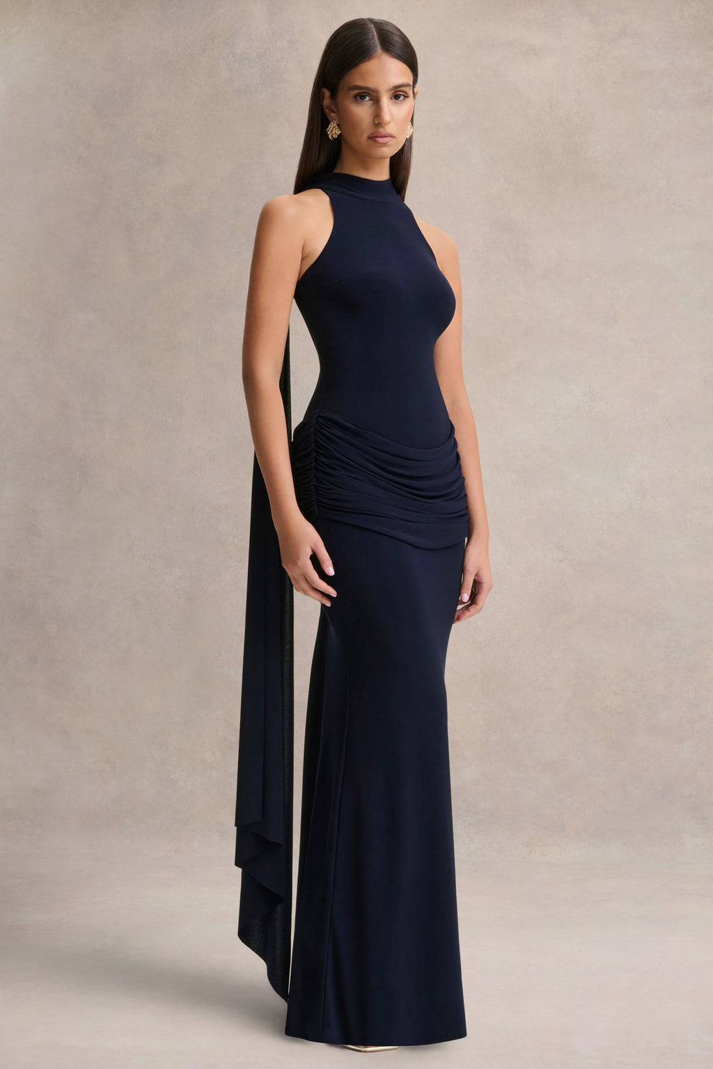 Hesperia | Navy High-Neck Maxi Dress With Draped-Detailing And Scarf