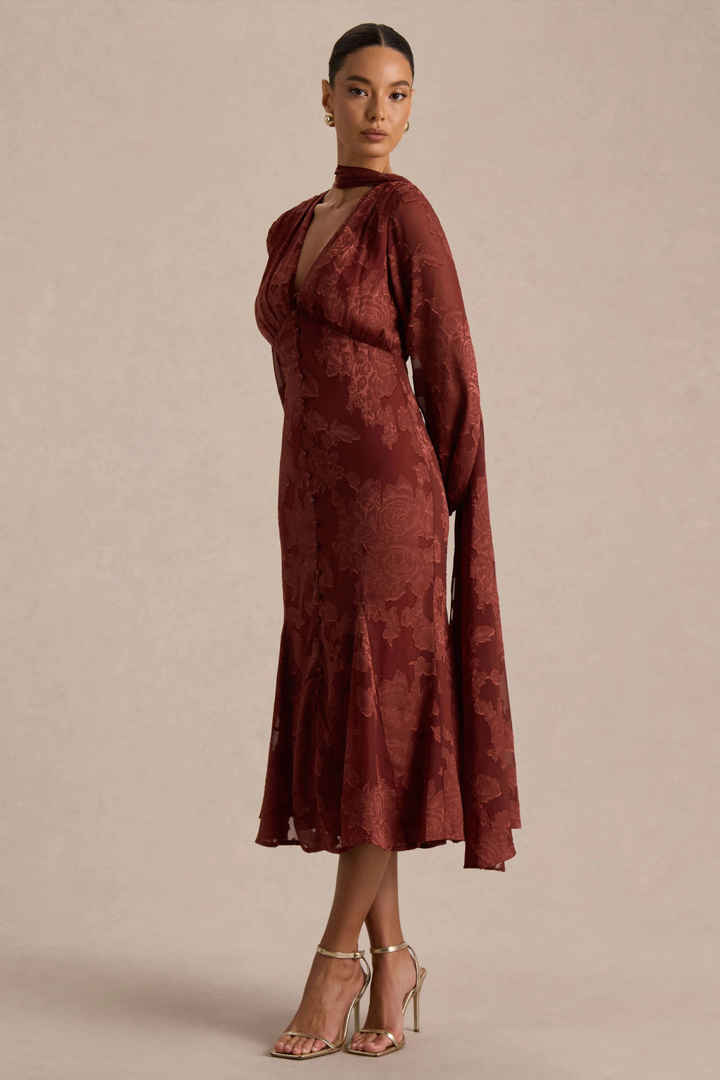 Sabina | Rust Devore Plunge-Neck Midi Dress