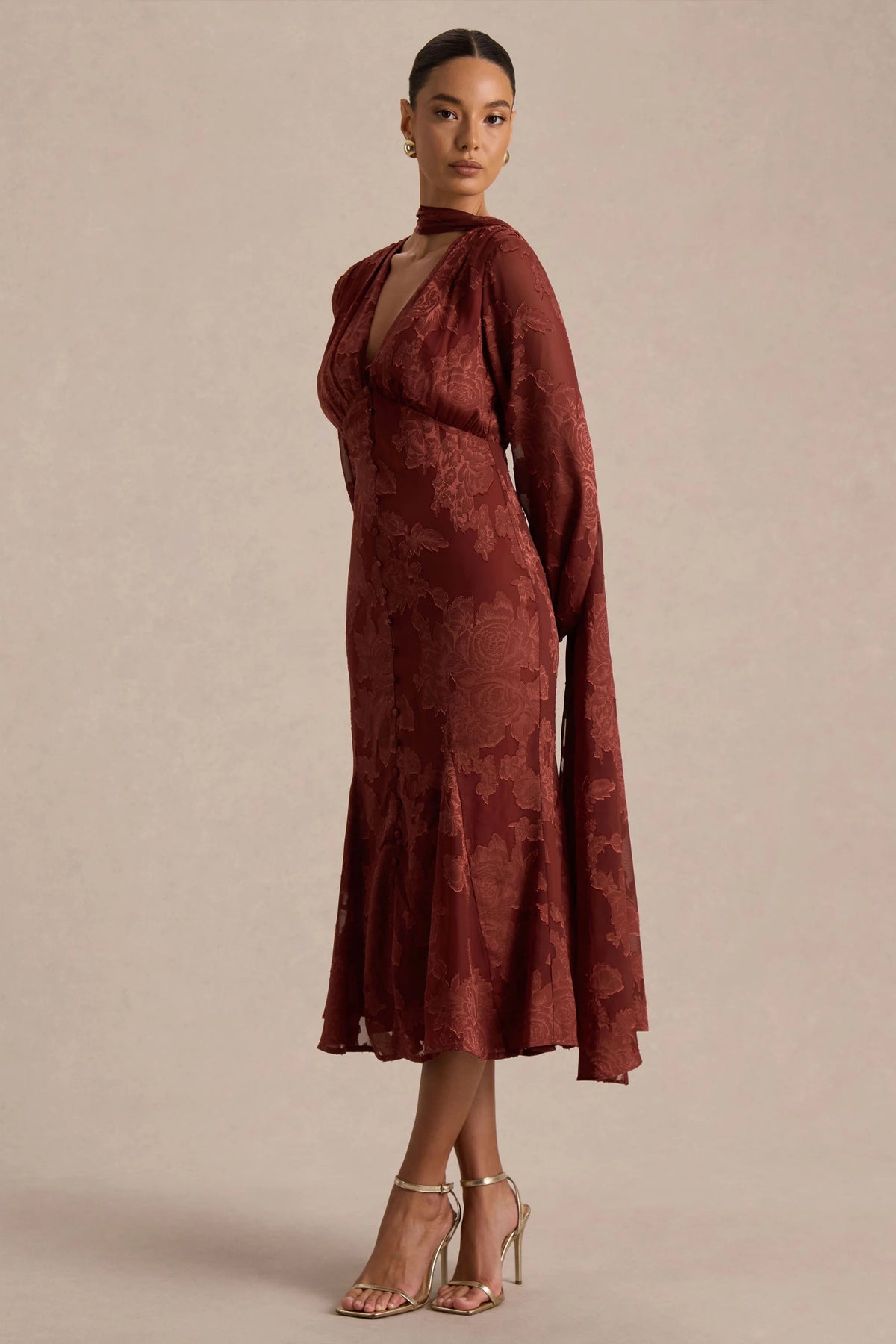 Sabina | Rust Devore Plunge-Neck Midi Dress