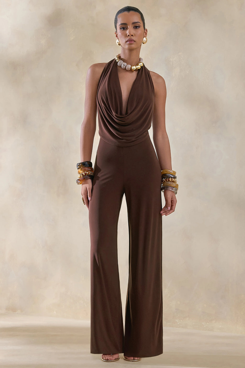 Clemence | Brown Plunge-Neck Jumpsuit