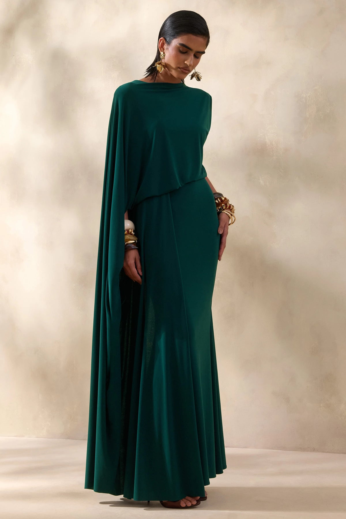 Carenza | Dark Green Wide-Neck Maxi Dress With Cape-Sleeve