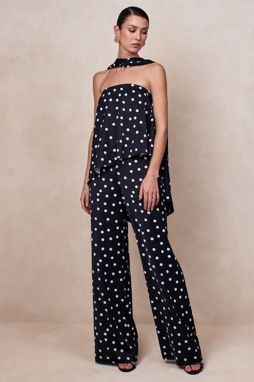 Seloria | Black & White Satin Polka Dot Wide-Leg Trouser