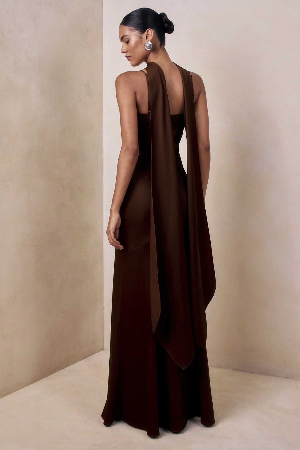 Starling | Brown Matte Satin Plunge-Neck Maxi Dress With Scarf-Detail