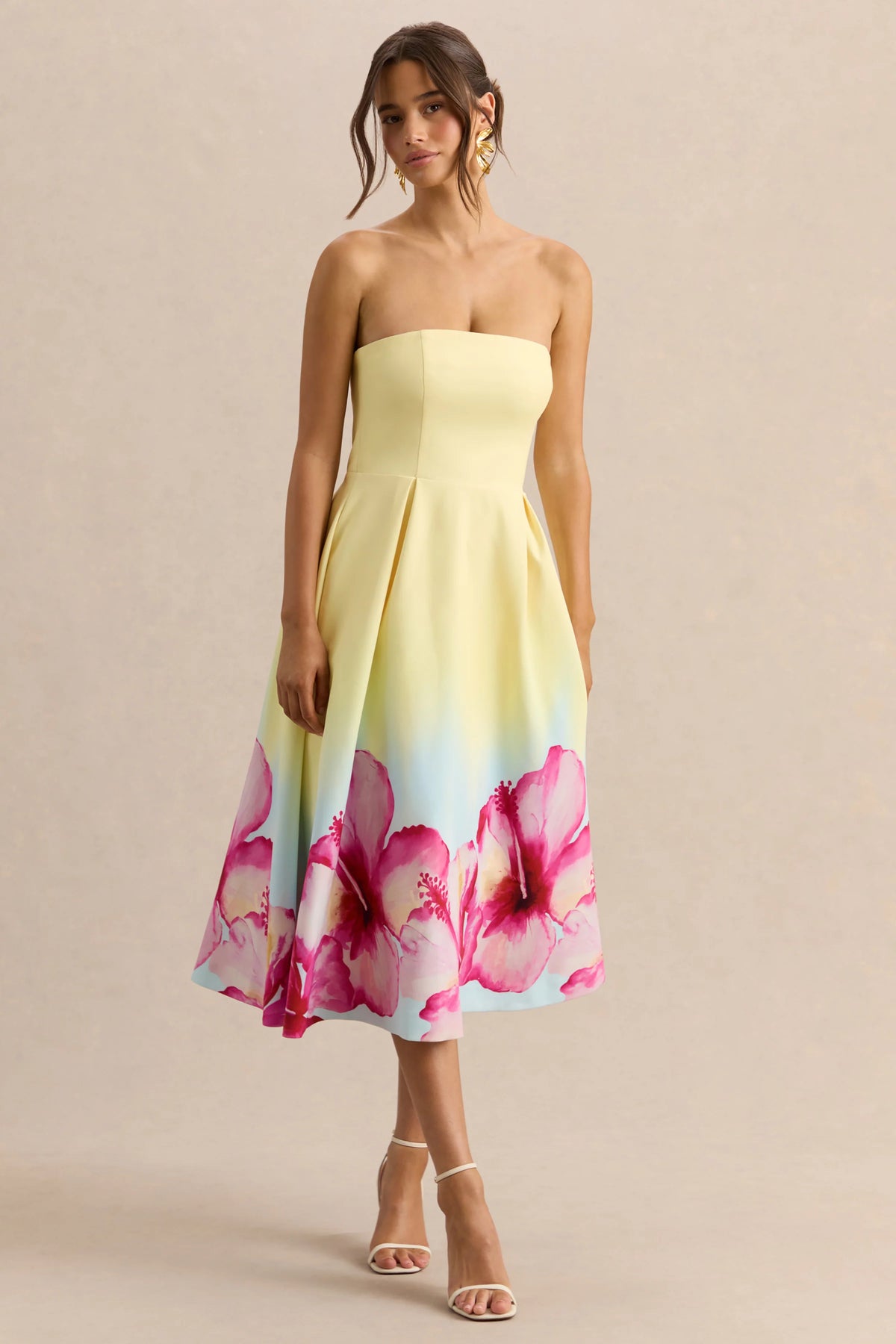 Zoya | Yellow Ombre Lily Print Bandeau Midi Dress