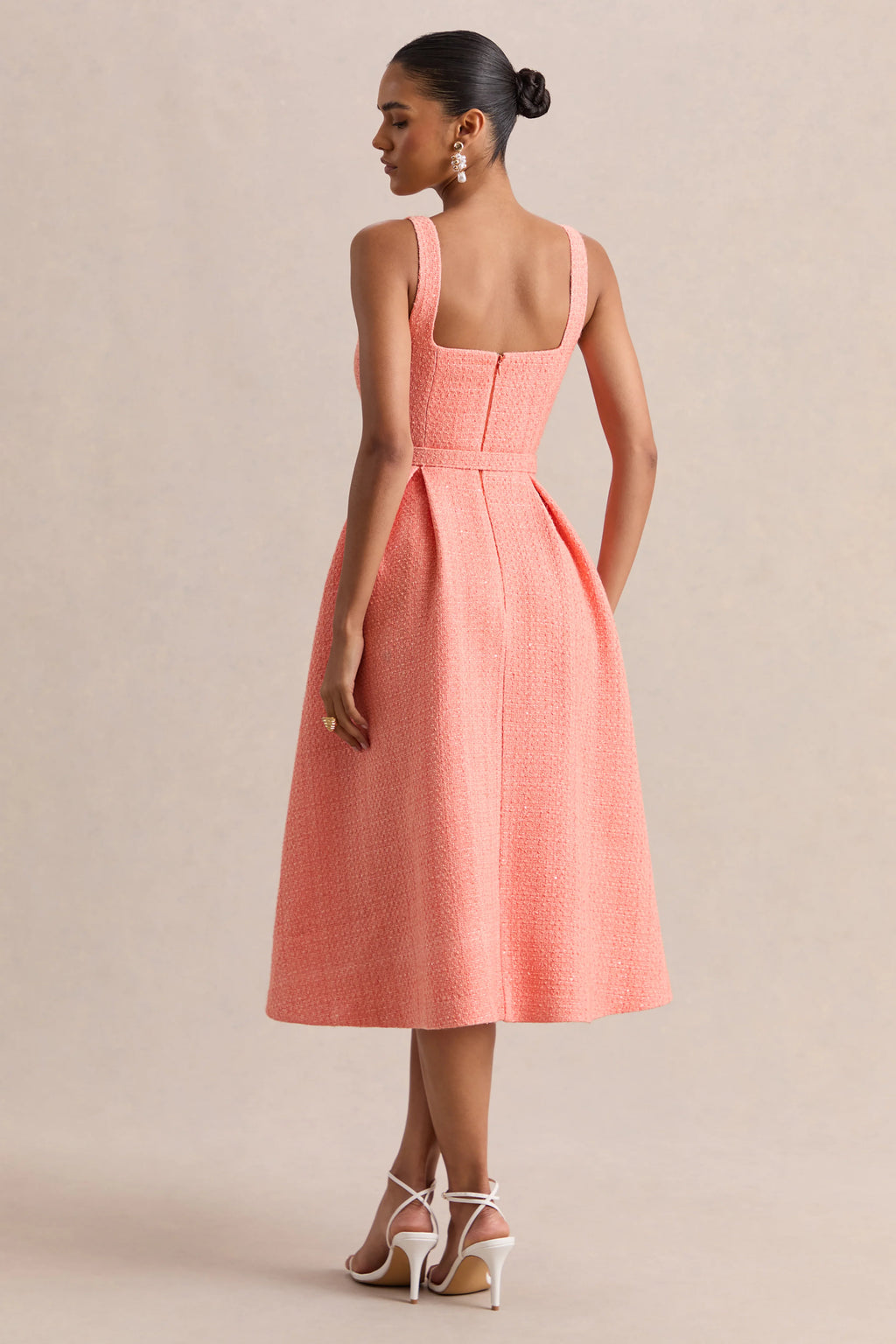Camoria | Coral Boucle Square-Neck Midi Dress