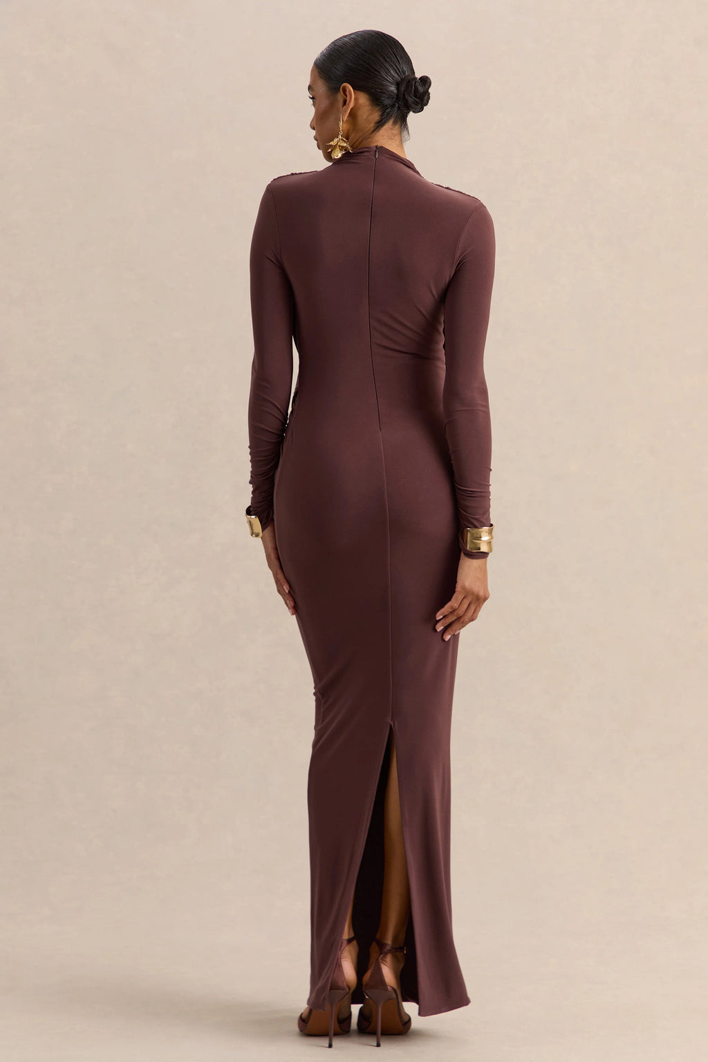 Karinthia | Brown High-Neck Maxi Dress With Draped-Detailing