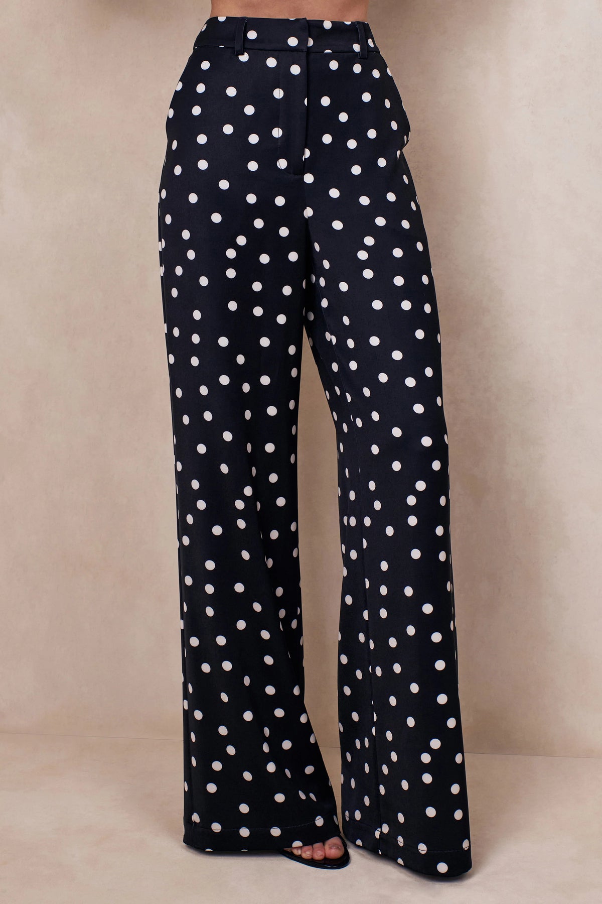 Seloria | Black & White Satin Polka Dot Wide-Leg Trouser