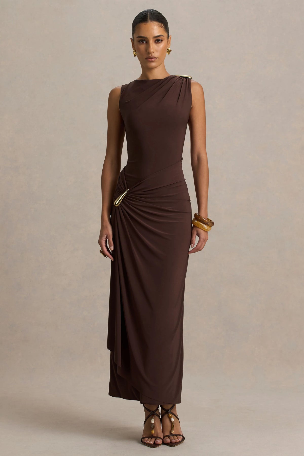 Fiora | Brown Wide-Neck Maxi Dress With Gathered Detail